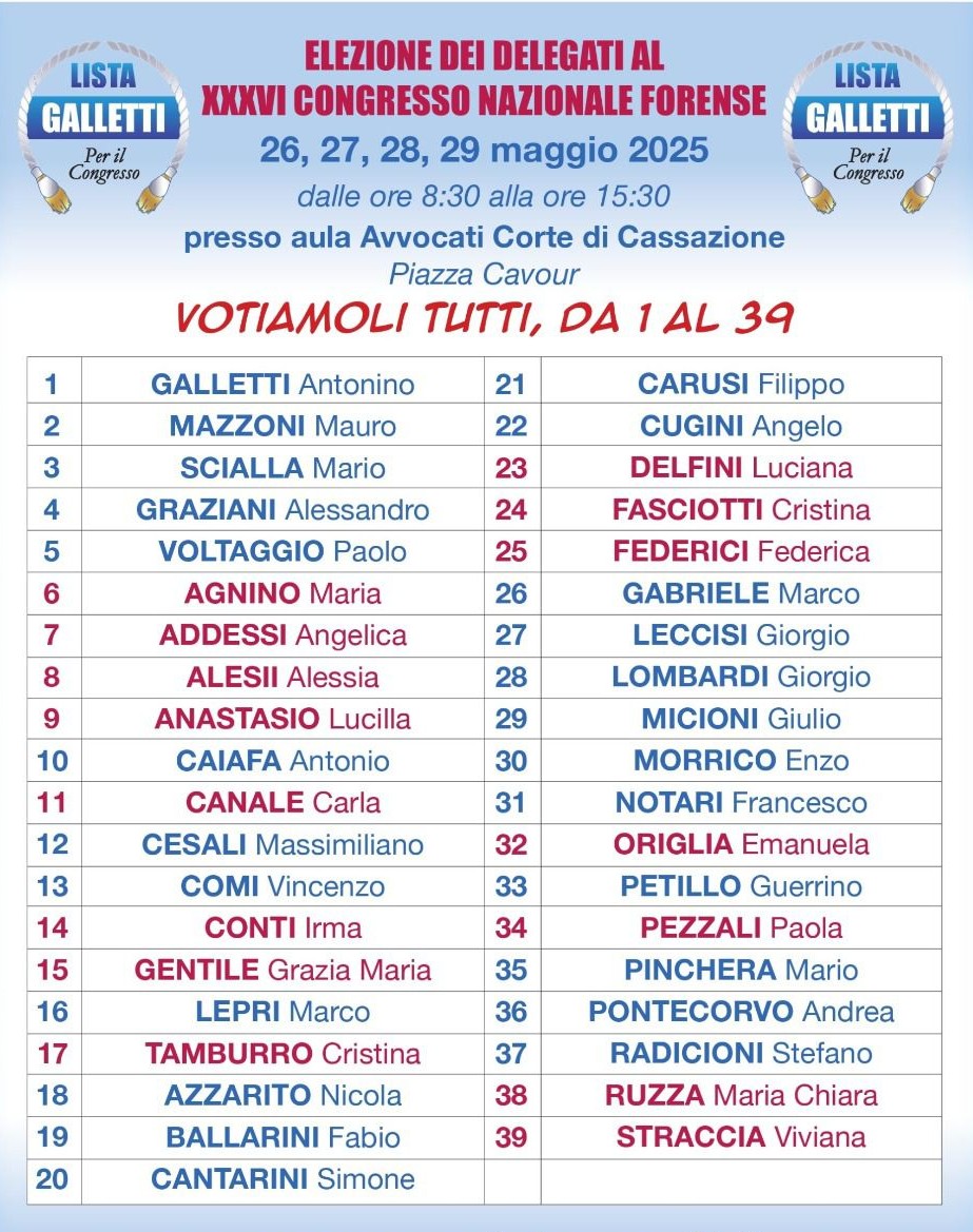 VOTAZIONE DEI DELEGATI AL CONGRESSO NAZIONALE DI TORINO, SEGNAMO IN AGENDA: A ROMA SI VOTA DAL 26 AL 29 MAGGIO 2025 CON ORARIO 8,30-15,30 IN AULA AVVOCATI IN PIAZZA CAVOUR.